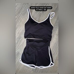 Aerie sports bra & high waist fold over shorts set and black -white AS